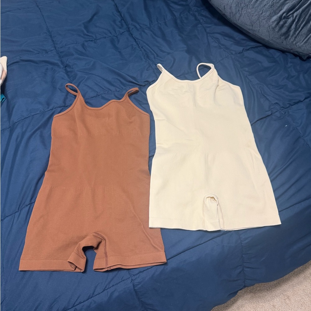 Ribbed One-Piece Romper in Brown and Cream